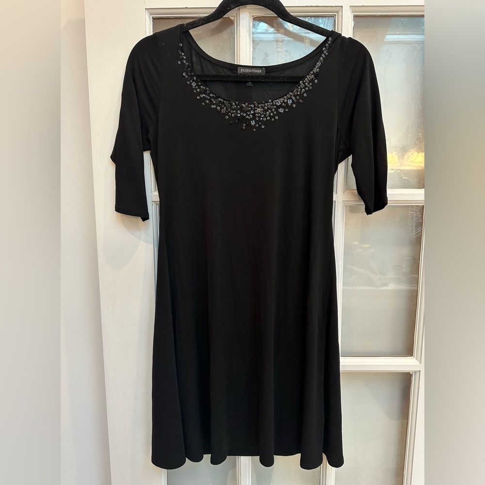 Eileen Fisher Timeless Classic Black Sequin 100% Silk Dress Size XS Elegant